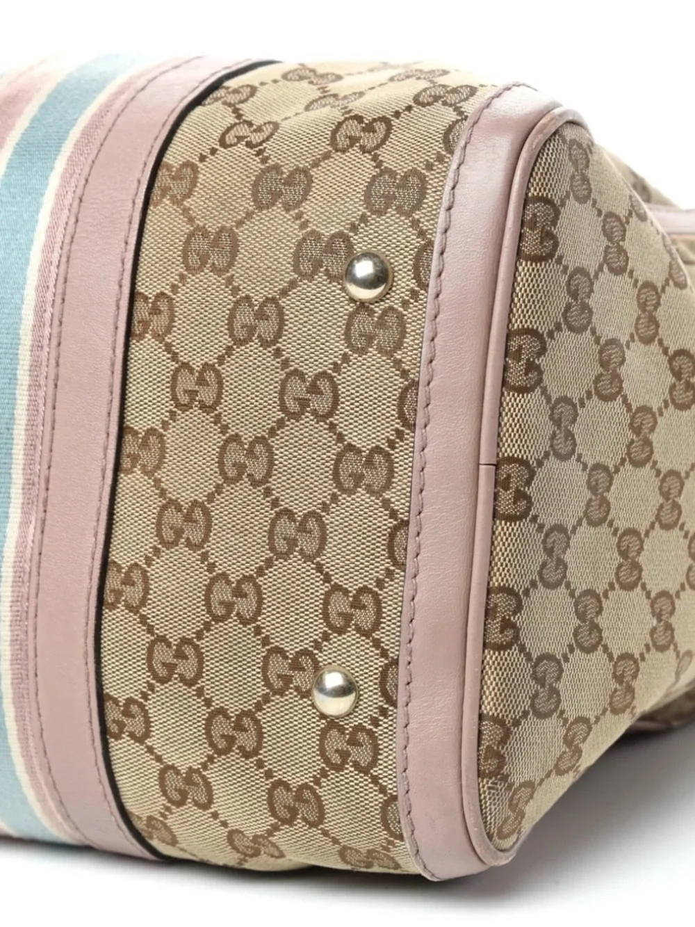 Gucci Beige Monogram Satchel with Pink and Blue Stripes